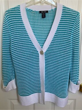 Teal White Striped V-Neck Cardigan Lightweight Open Front Summer Coastal Sz S